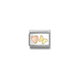 COMPOSABLE CLASSIC CHARMS in Steel, Cz FACETED with SYMBOLS, 18K Gold Pink Coral cz Heart with Butterfly
