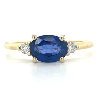 9ct Yellow Gold Horizontal Oval Sapphire & Side Diamond Ring