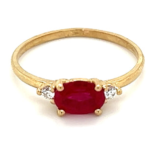 9ct Yellow Gold Earth Grown Horizontal Oval Ruby & Side Diamond Ring