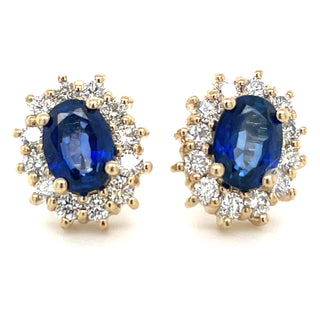 9ct Yellow Gold Earth Grown Oval Sapphire & Diamond Cluster Earrings