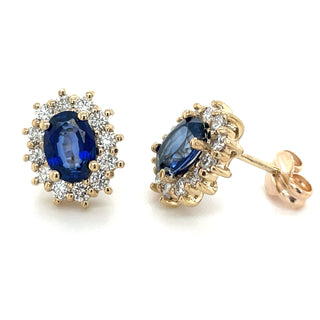 9ct Yellow Gold Earth Grown Oval Sapphire & Diamond Cluster Earrings