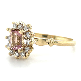 9ct Yellow Gold Emerald Cut Pink Tourmaline & Diamond Cluster Ring