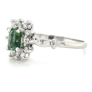 9ct White Gold Emerald Cut Green Tourmaline & Diamond Cluster Ring