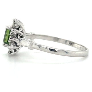 9ct White Gold Emerald Cut Green Tourmaline & Diamond Cluster Ring