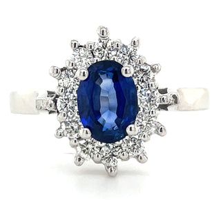 9ct White Gold Oval Sapphire & Diamond Cluster Ring