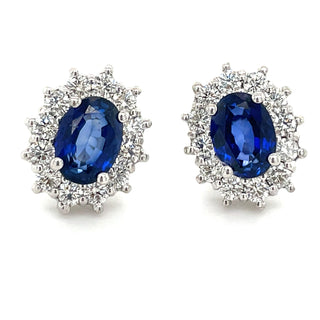 9ct White Gold Earth Grown Oval Sapphire & Diamond Cluster Earrings