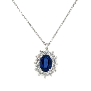 9ct White Gold Oval Earth Grown Sapphire & Diamond Cluster Pendant