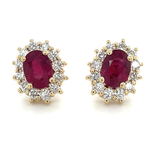 9ct Yellow Gold Earth Grown Oval Ruby & Diamond Cluster Earrings