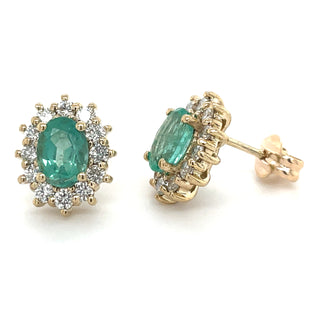 9ct Yellow Gold Oval Emerald & Diamond Cluster Earrings