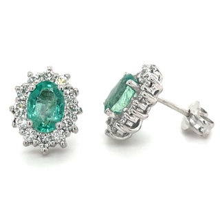 9ct White Gold Oval Emerald & Diamond Cluster Earrings