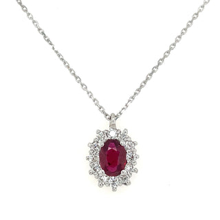 9ct White Gold Oval Ruby & Diamond Cluster Pendant