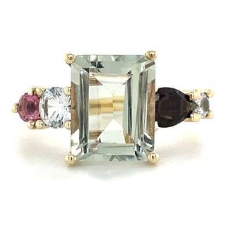 9ct Yellow Gold Earth Grown Green Amethyst, Pink Tourmaline, Smoky & White Sapphire Ring