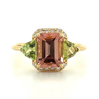 Pink & Green Tourmaline with Diamond Halo 18kt Gold Ring