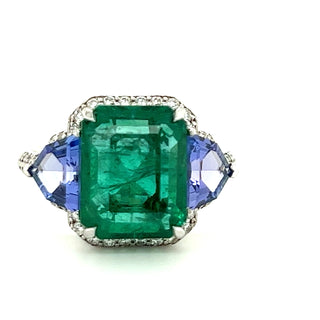 Natural Emerald Tanzanite & Diamond 18kt Gold Ring