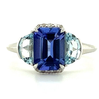 Emerald Cut Tanzanite, Half Moon Aquamarine & Diamond 18kt White Gold Ring