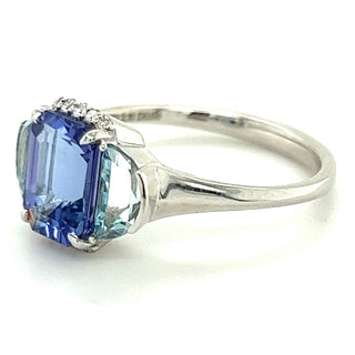 Emerald Cut Tanzanite, Half Moon Aquamarine & Diamond 18kt White Gold Ring