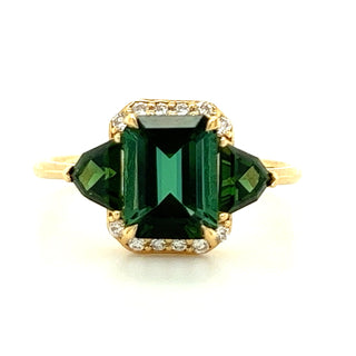 Green Emerald Cut & Trillion Tourmaline & Diamond in 18kt Yellow Gold Ring
