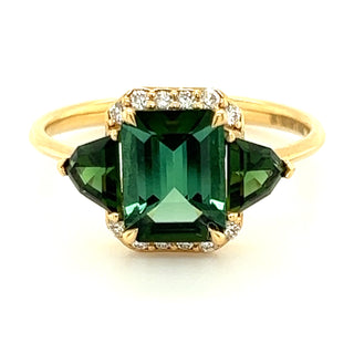 Green Emerald Cut & Trillion Tourmaline & Diamond in 18kt Yellow Gold Ring