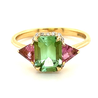 Emerald Cut Green Tourmaline & Trillion Cut Pink Tourmaline with accent Diamond in 18kt Gold