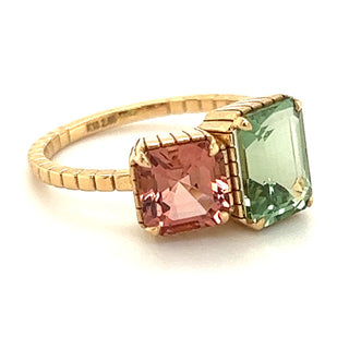 Green & Pink Tourmaline Duo Ring in 18ct Gold