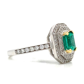 18ct White Gold Earth Grown Emerald And Diamond Double Halo 1.45ct Diamond Engagement Ring