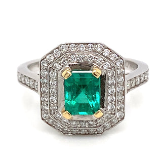 18ct White Gold Earth Grown Emerald And Diamond Double Halo 1.45ct Diamond Engagement Ring