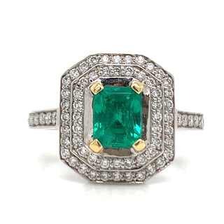 18ct White Gold Earth Grown Emerald And Diamond Double Halo 1.45ct Diamond Engagement Ring