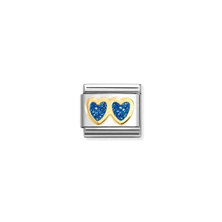 CHARM, COMPOSABLE LINK, DOUBLE HEART, BLUE GLITTER