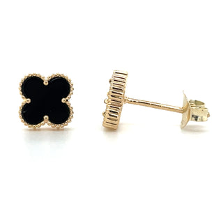 9ct Yellow Gold Black Onyx Clover Earrings