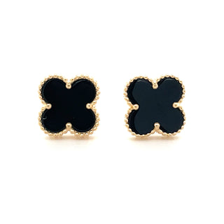 9ct Yellow Gold Black Onyx Clover Earrings