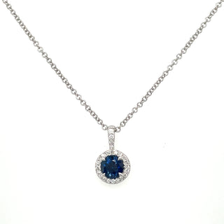 9ct White Gold Earth Grown Round Sapphire & Diamond Halo Necklace