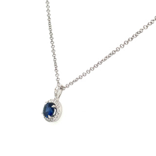 9ct White Gold Earth Grown Round Sapphire & Diamond Halo Necklace