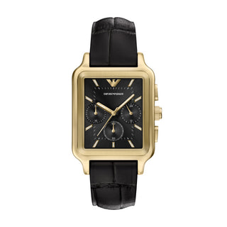 Emporio Armani Diego Black Leather Strap Watch With Square Gold Dial