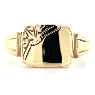Vintage 9ct Yellow Gold Half Engraved Square Signet Ring