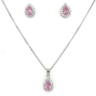 Sterling Silver Pink Pear Cz Halo Earring & Pendant Set