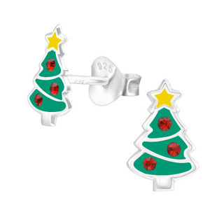 Children’s Sterling Silver Christmas Tree Ear Studs with Crystal Decoration