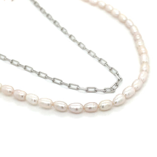 Sterling Silver Double Layer Pearl and Rectangular Link Necklace