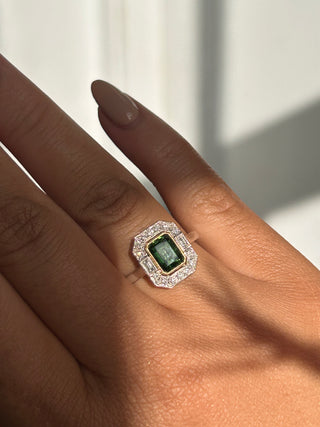 18ct White Gold 1.14ct Emerald Cut Green Tourmaline & Diamond Vintage style Ring
