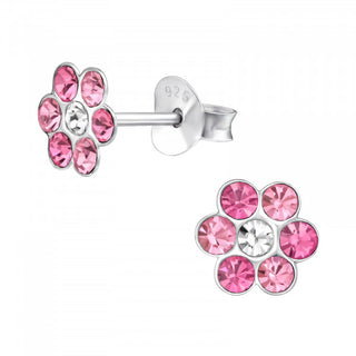 Sterling Silver Pink Flower Ear Studs With Crystal