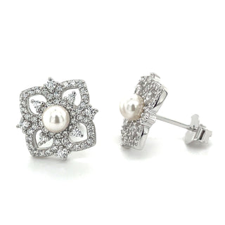Sterling Silver Floral Cz Earrings With Pearl Centre