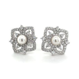 Sterling Silver Floral Cz Earrings With Pearl Centre