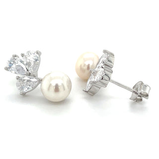 Sterling Silver Triple Pear Cz & Pearl Earrings