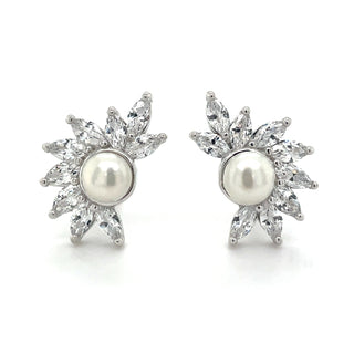 Sterling Silver Marquise Cz & Pearl Earrings