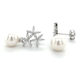 Sterling Silver Triple Floral Cz & Pearl Drop Earrings