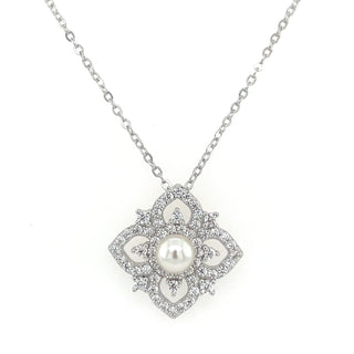 Sterling Silver Floral Cz Pendant With Pearl Centre