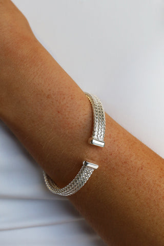 Sterling Silver Woven Square Bangle With Stainless Steel Centre