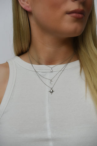 Sterling Silver Triple Layered Stars & Moon Necklace