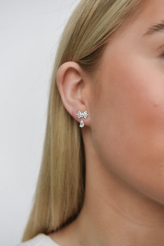 Sterling Silver Bow Earrings With Drop Cz