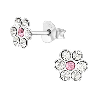 Children’s Sterling Silver Clear with Pink Detail Flower Earring