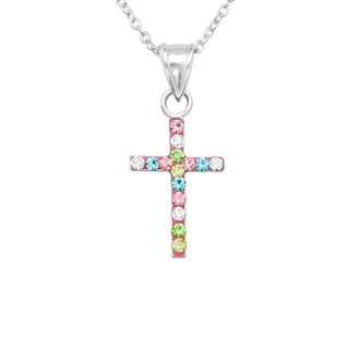 Children’s Sterling Silver Pink Cross with Coloured CZ Detail necklace.